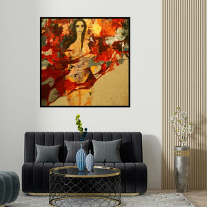 Sunayana Malhotra's 'Untitled 2' painting visualized above a sofa in a contemporary room.