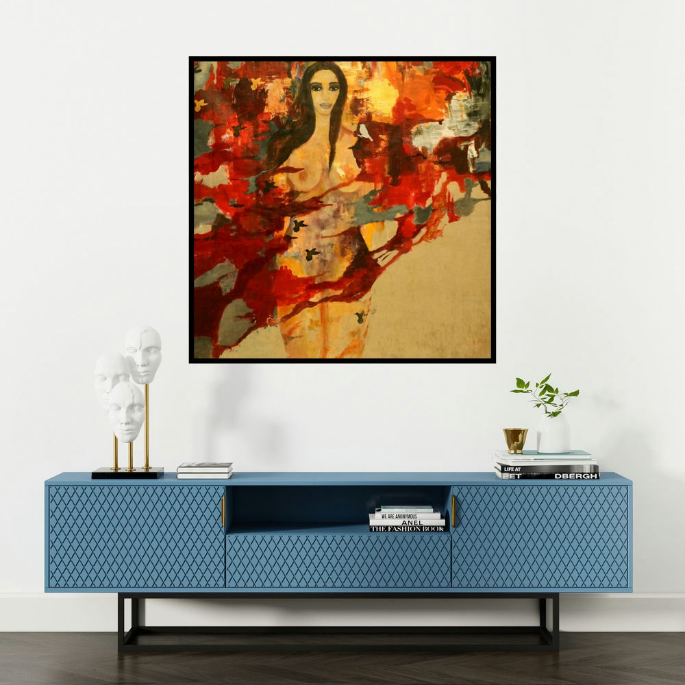 'Untitled 2' painting by Sunayana Malhotra shown on a wall in a furnished room.