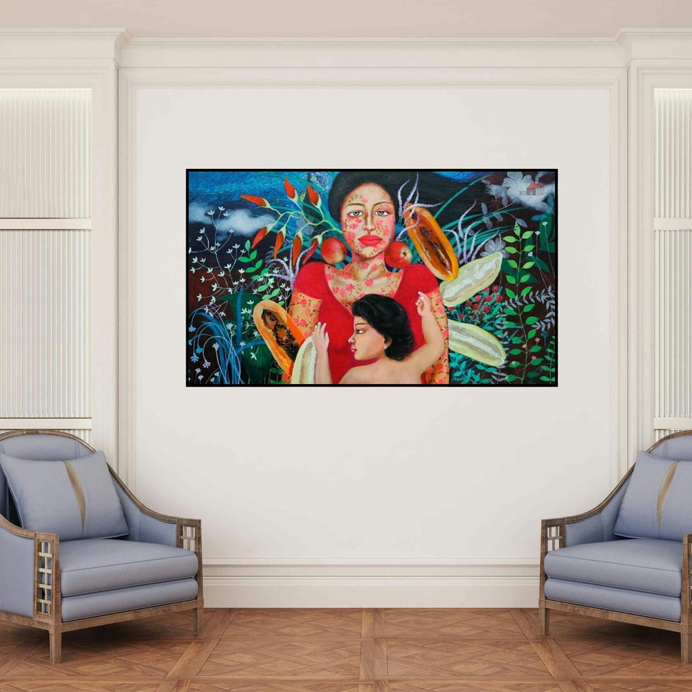 'Untitled 2' painting by Anjum Khan shown on a wall in a furnished room.