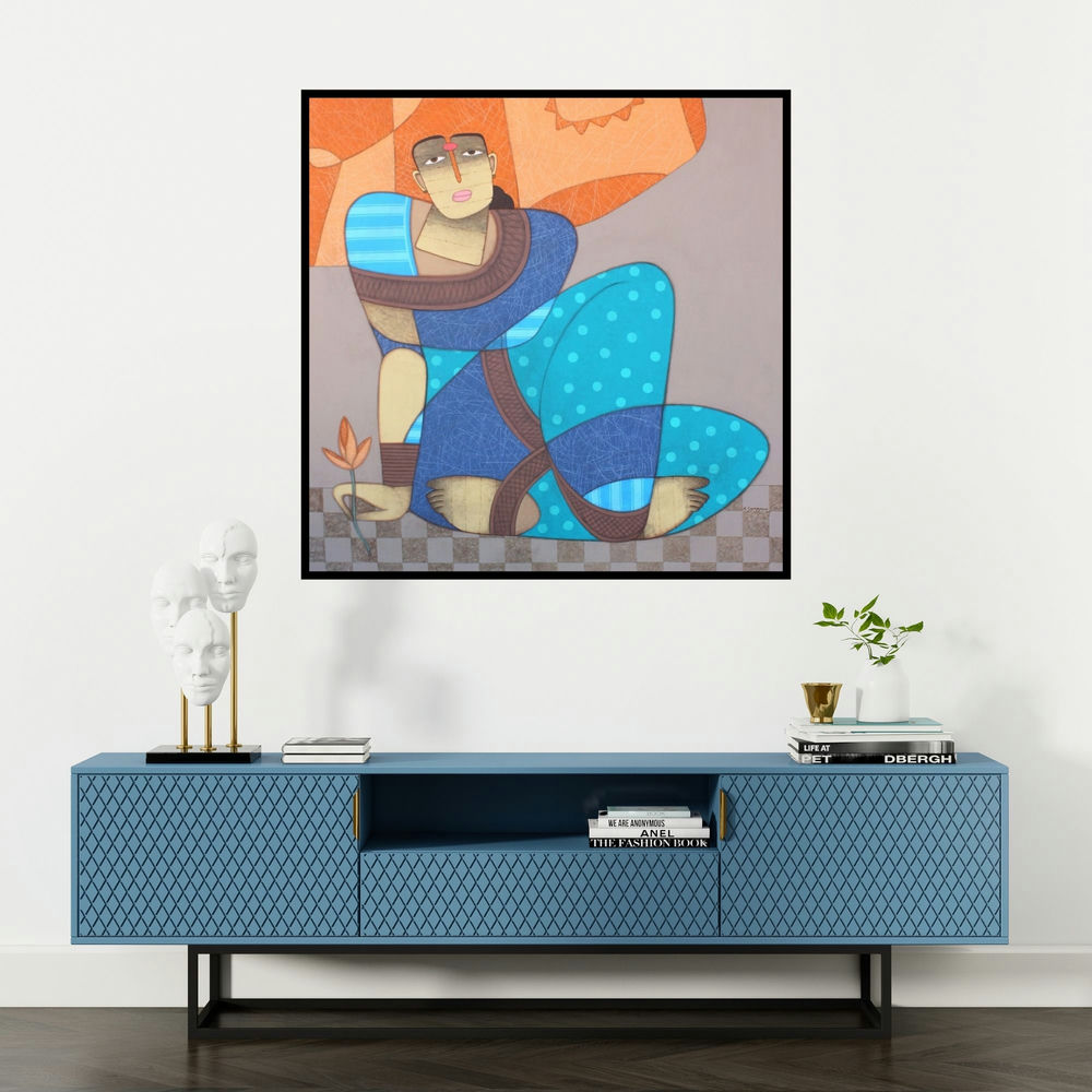 'Untitled 2 (The Flower Bearer)' painting by Kiran Sherkhane shown on a wall in a furnished room.