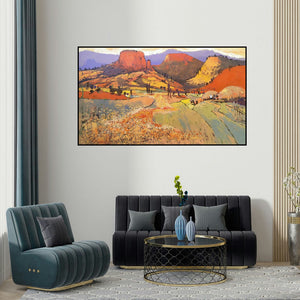 Hari Dhongade's 'Untitled 2 (The Red Cliffs)' painting visualized above a sofa in a contemporary room.