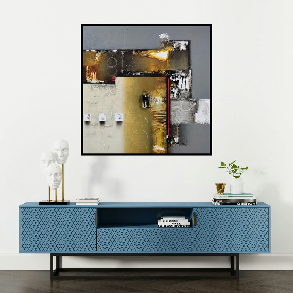 'Untitled 2 (Intersections)' painting by Paras Parmar shown on a wall in a furnished room.