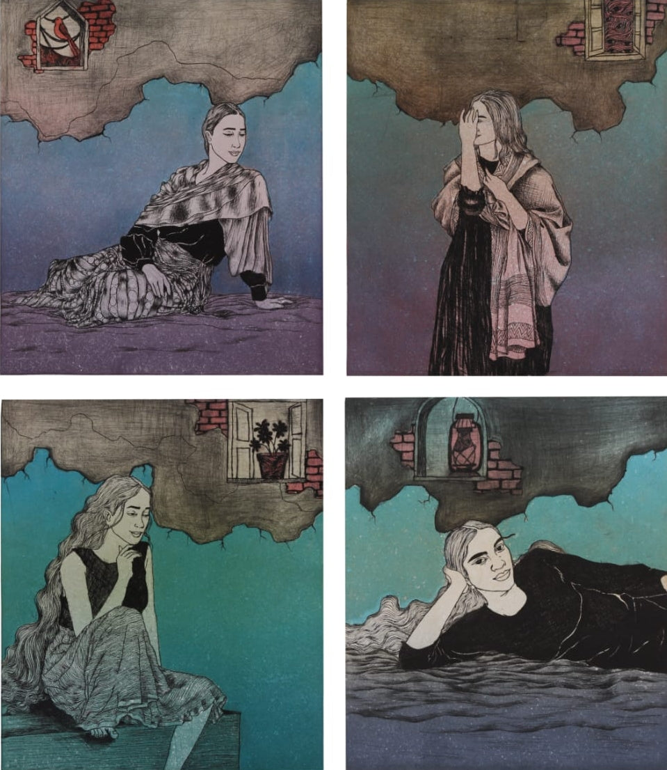 Untitled 2' figurative dry point printmaking by artist Ranju Kumari, 22x16 inch, on paper