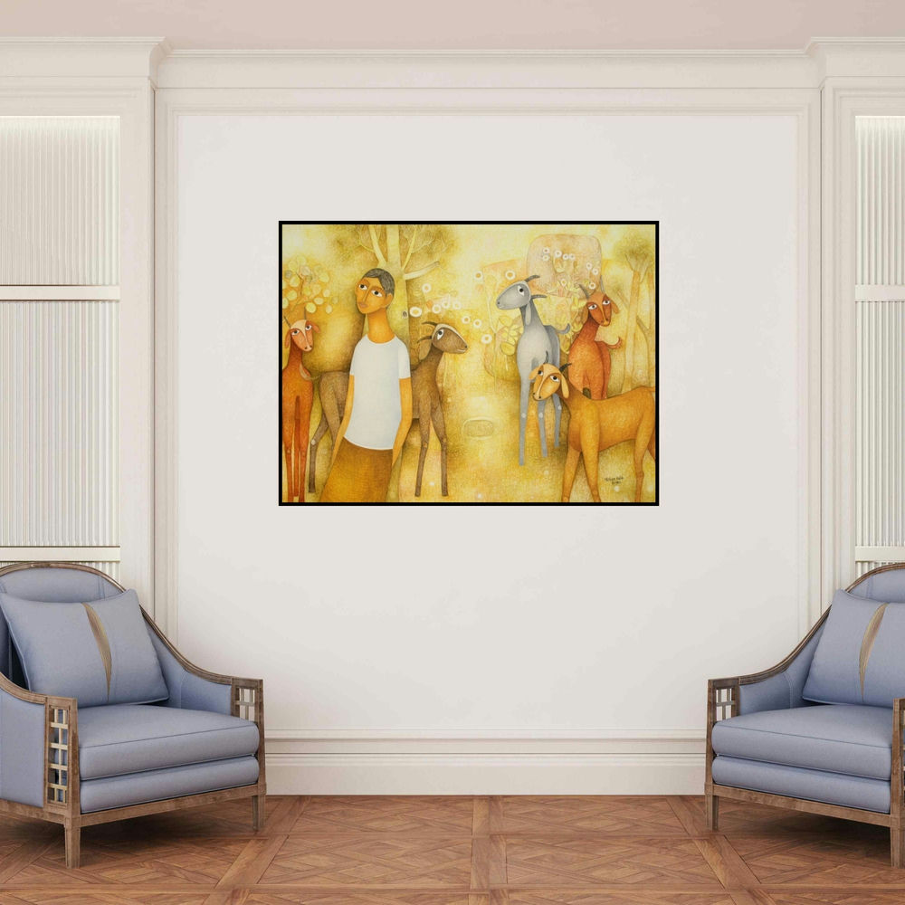 'Untitled 2' painting by Mohan Naik shown on a wall in a furnished room.
