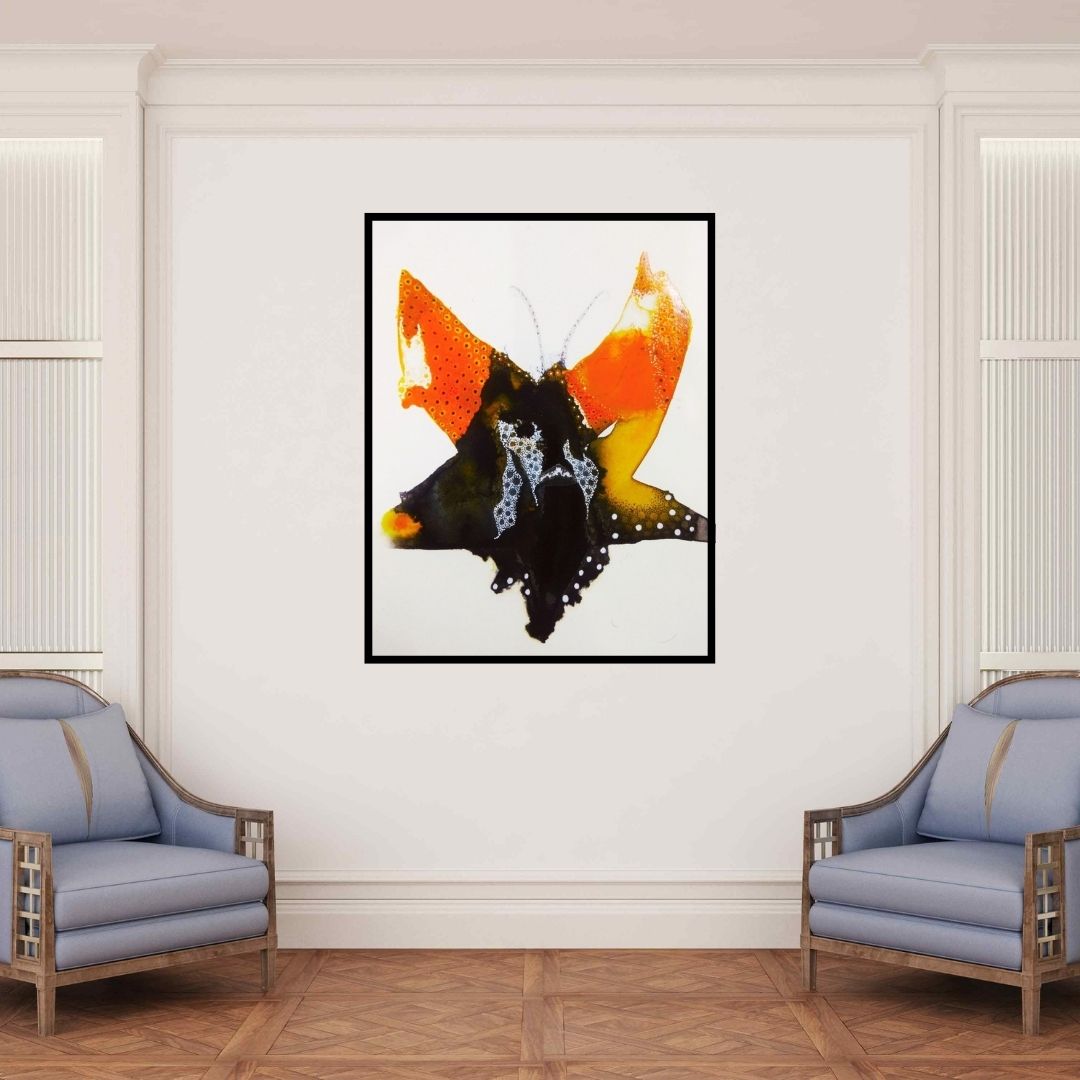 In-situ view of Huma Khan's 'Untitled 2 (The Inkwing)' painting in a room