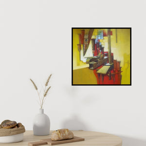 Preview of 'Untitled 2 (The Carpenter's Workshop)' Painting by Navnath Kshirsagar shown on a wall in a furnished room.