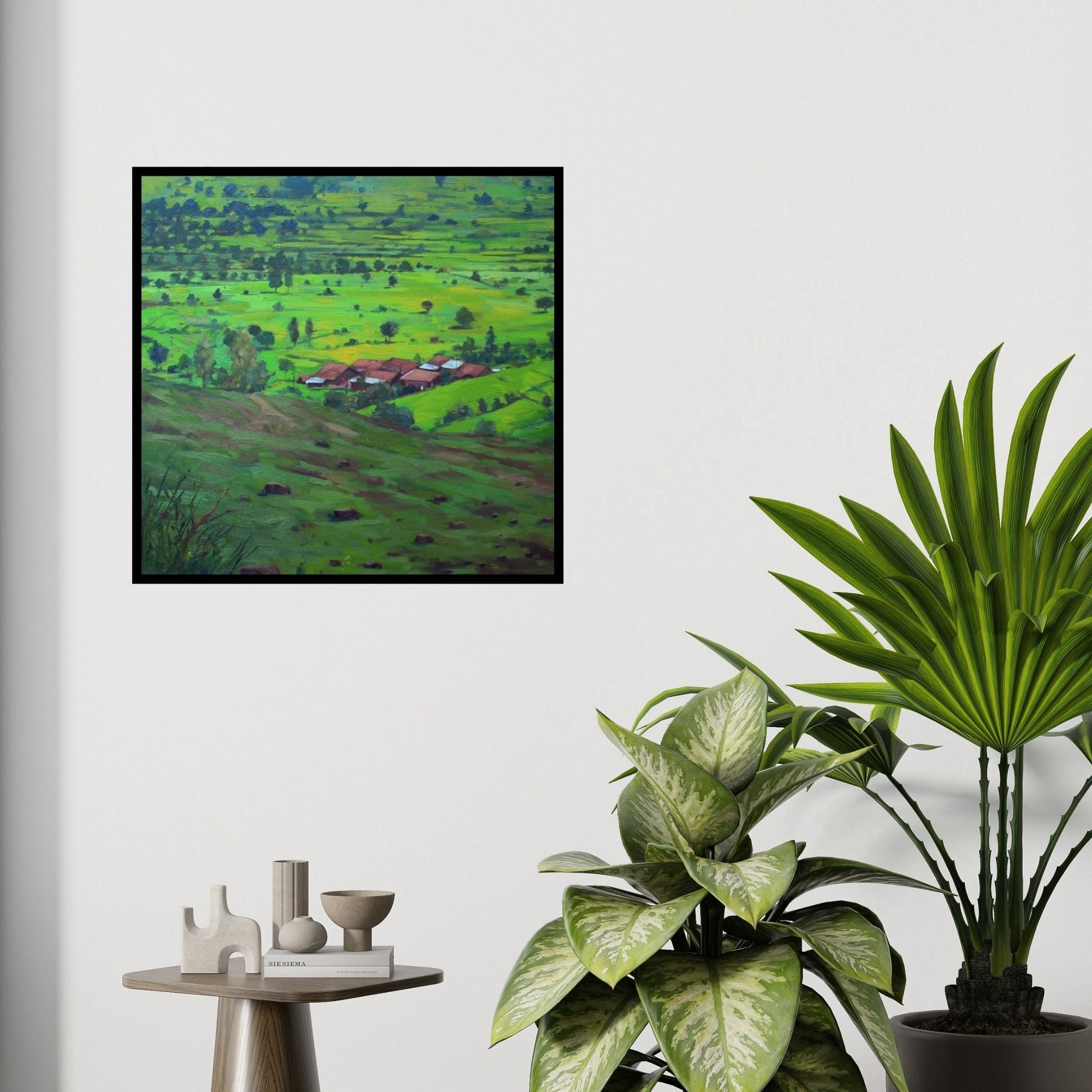 In-situ view of Sachin Sawant's 'Untitled 2 (Village Panorama)' painting in a room
