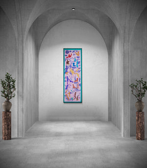 Joydeep Bhattachrjee's painting 'Untitled 2 (The Dance of Existence)' displayed in a modern living room setting