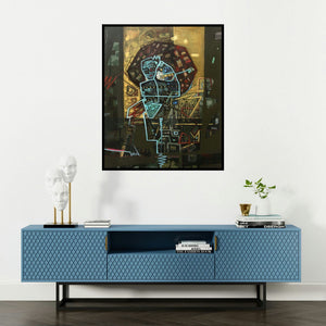 Chandra Bhushan Srivastava's 'Untitled 2 (The Labyrinth Within)' painting visualized above a sofa in a contemporary room.