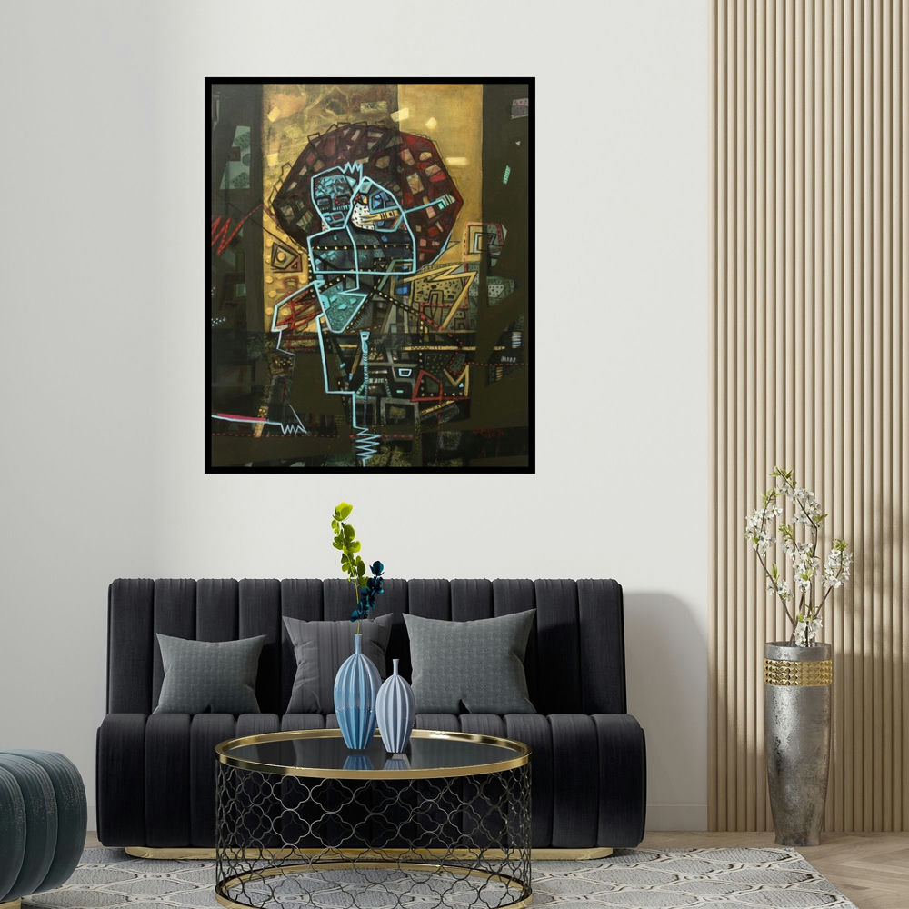 'Untitled 2 (The Labyrinth Within)' painting by Chandra Bhushan Srivastava shown on a wall in a furnished room.