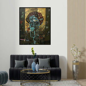 'Untitled 2 (The Labyrinth Within)' painting by Chandra Bhushan Srivastava shown on a wall in a furnished room.