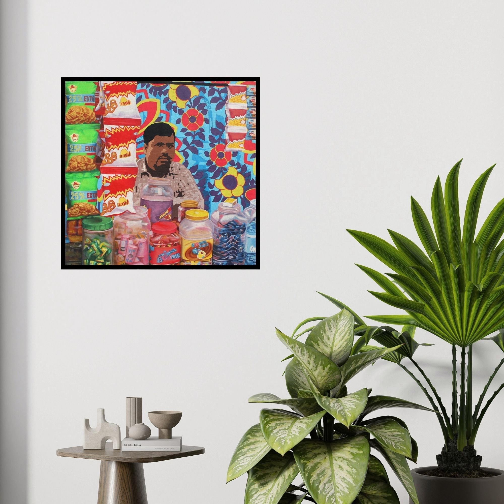 In-situ view of Sohan Jakhar's 'Untitled 2 (The Corner Shopkeeper)' painting in a room