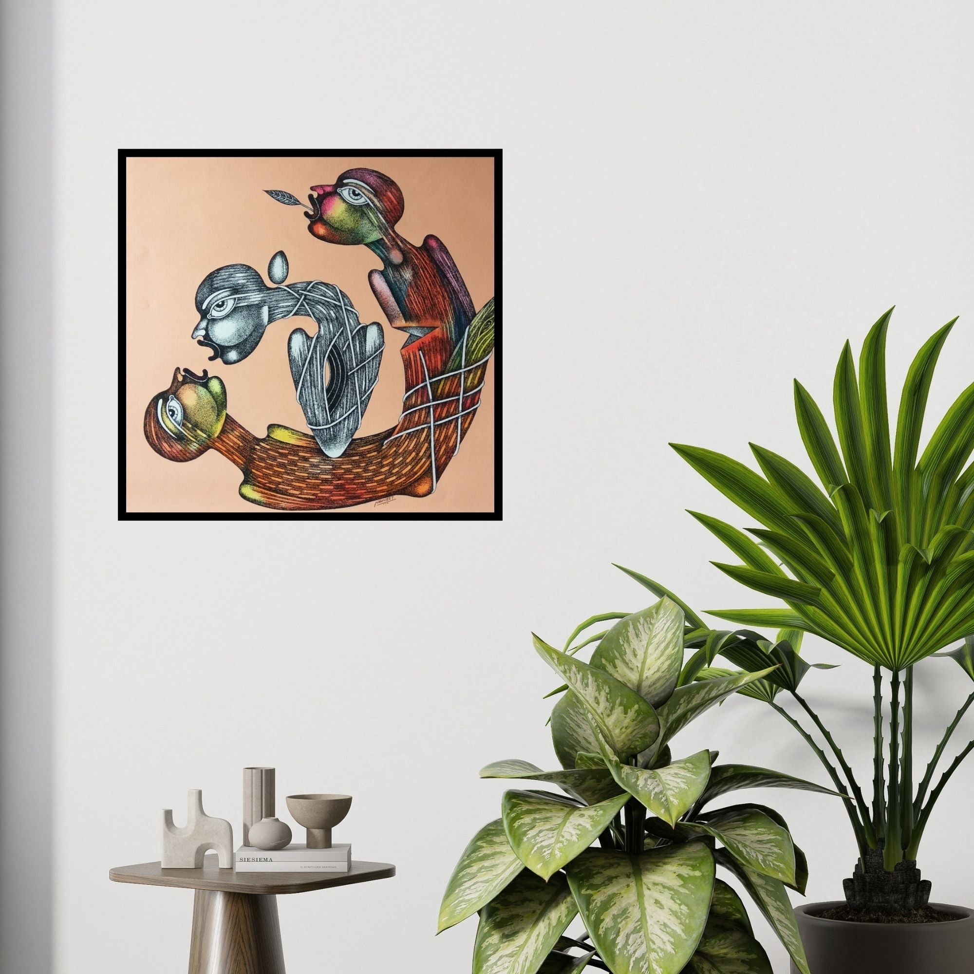 In-situ view of Navneet Rathod's 'Untitled 2 (Three Faces Connected)' painting in a room