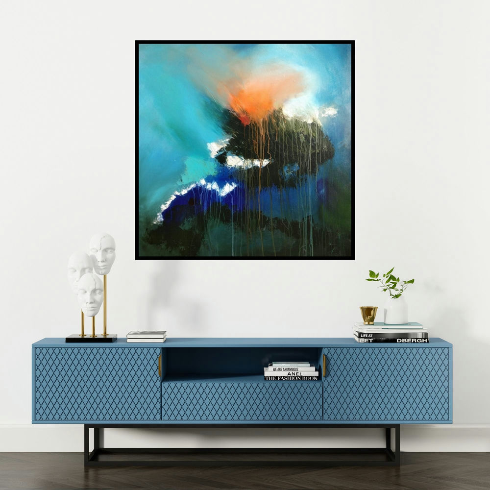 'Untitled 2 (Celestial Storm)' painting by Sanjay Dhawale shown on a wall in a furnished room.