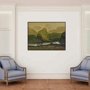 'Untitled 2 (Misty Morning)' painting by Mangesh Shinde shown on a wall in a furnished room.