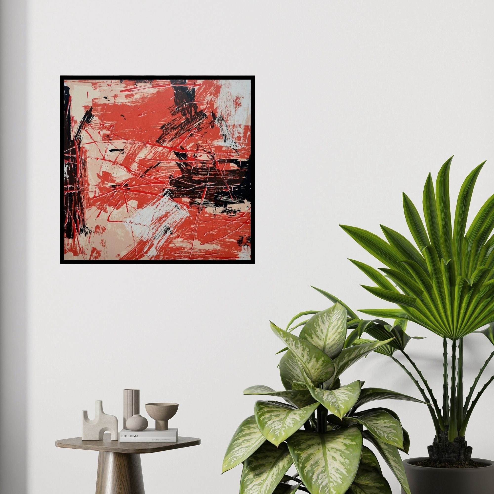 In-situ view of Ajay Choudhary's 'Untitled 2 (Crimson Cacophony)' painting in a room