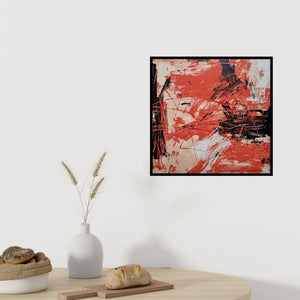 Preview of 'Untitled 2 (Crimson Cacophony)' Painting by Ajay Choudhary shown on a wall in a furnished room.