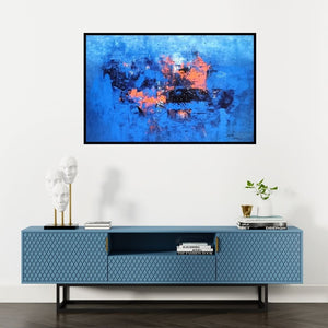 Preview of 'Untitled 2 (Cosmic Collision)' Painting by Dnyaneshwar Dhavale shown on a wall in a furnished room.