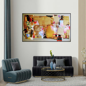 Bhaurao Bodade's 'Untitled 2 (Urban Tapestry)' painting visualized above a sofa in a contemporary room.