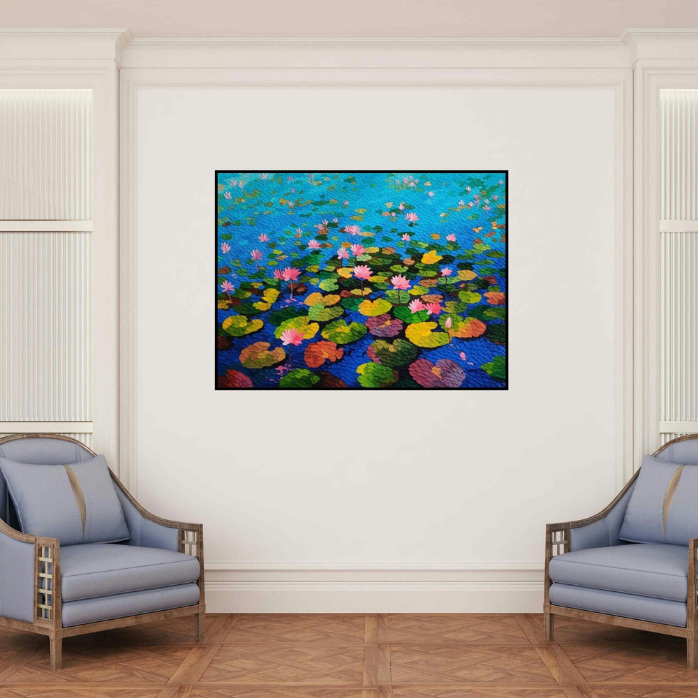 'Untitled 2 (Lotus Pond)' painting by Shraddha More shown on a wall in a furnished room.