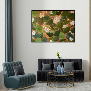 Sreeraj's 'Untitled 2 (Floral Abundance)' painting visualized above a sofa in a contemporary room.