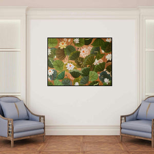 'Untitled 2 (Floral Abundance)' painting by Sreeraj shown on a wall in a furnished room.