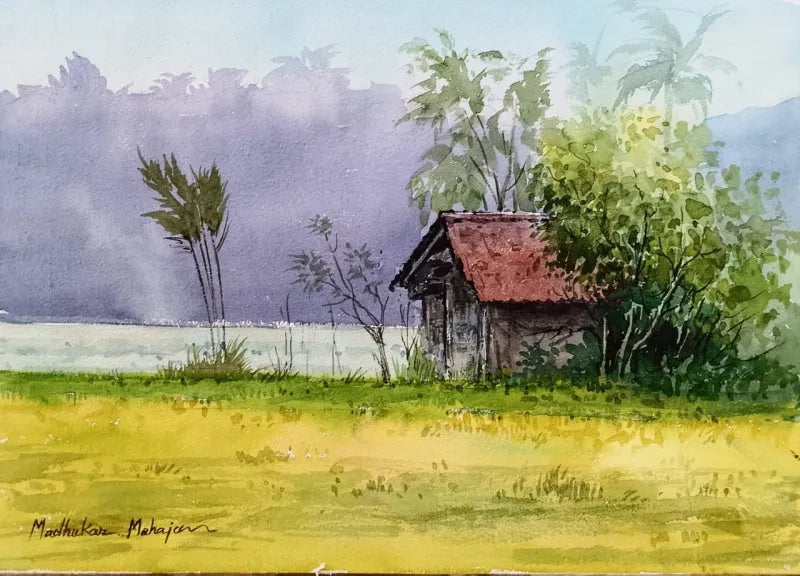 Landscape watercolor painting titled 'Untitled 2', 10x14 inch, by artist Madhukar Mahajan on Paper
