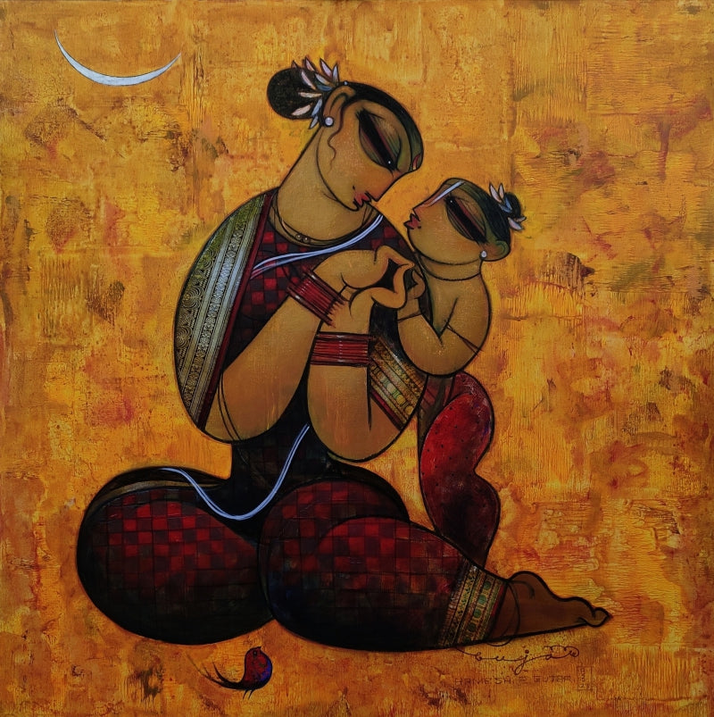 Untitled 2' figurative acrylic painting by artist Ramesh Gujar, 36x36 inch, on canvas