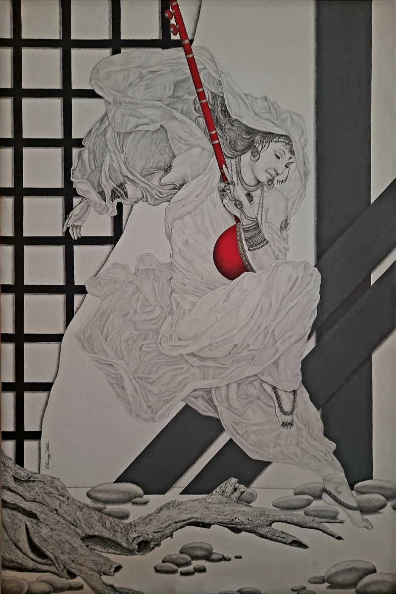 Untitled 2' religious pen-ink drawing by artist Dhananjay Thakur, 72x48 inch, on canvas