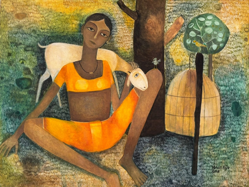 Untitled 2' figurative oil painting by artist Mohan Naik, 27x36 inch, on canvas