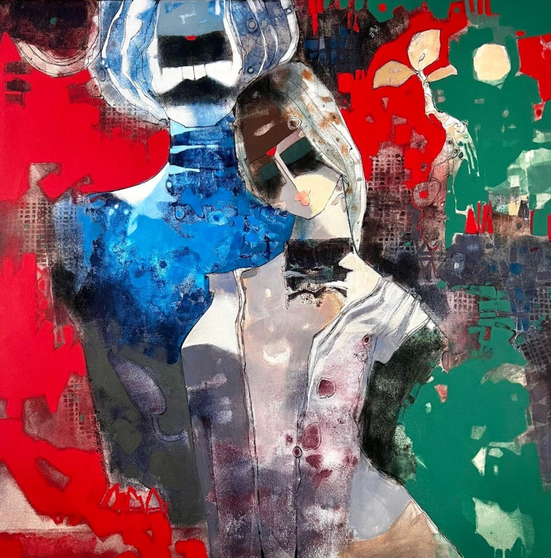 Untitled 2' figurative mixed-media painting by artist Sachin Jaltare, 36x36 inch, on canvas