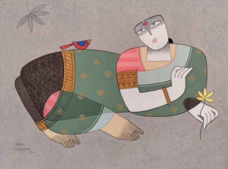 Untitled 2' figurative acrylic-charcoal painting by artist Kiran Sherkhane, 18x24 inch, on canvas