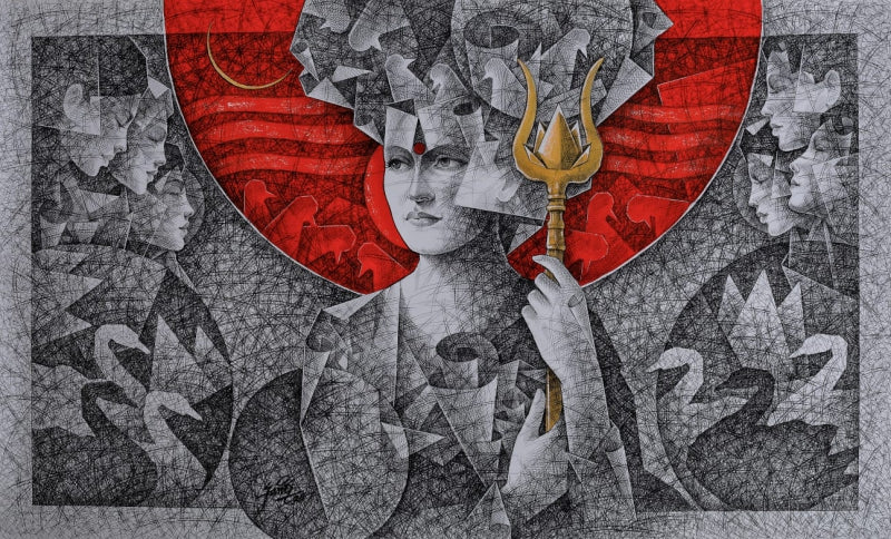 Untitled 2' figurative mixed-media painting by artist Ajay Kumar Samir, 36x60 inch, on paper