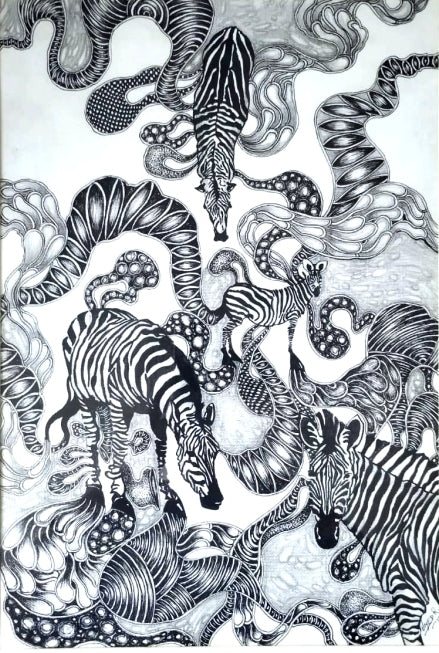 'Untitled 2' animals pen-ink drawing by artist Umed Rawat, 20x14 inch, on paper