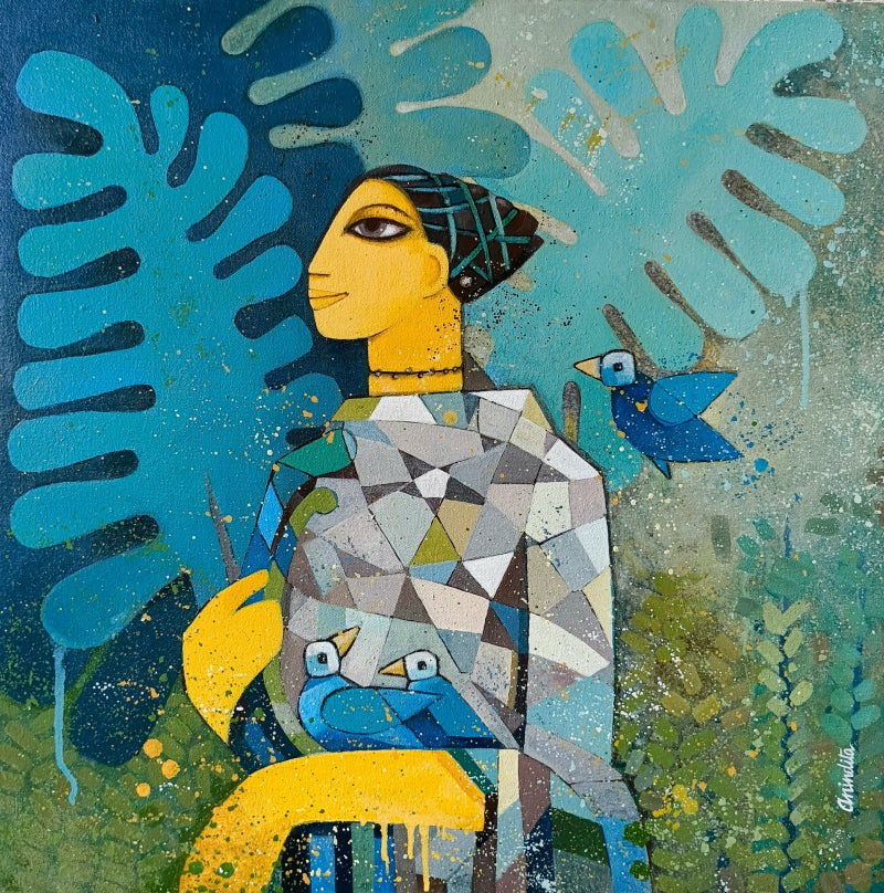 'Untitled 2' figurative acrylic painting by artist Anindita Singh, 24x24 inch, on canvas