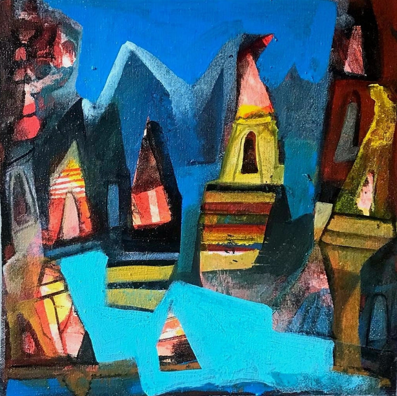 'Untitled 2' landscape acrylic painting by artist Tapas Ghosal, 12x12 inch, on canvas