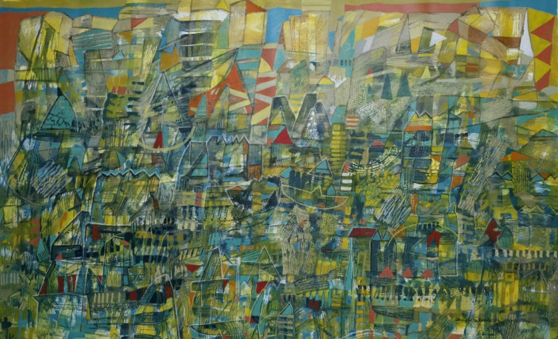 'Untitled 2' cityscape acrylic painting by artist Srj Surajit Chakraborty, 38x59 inch, on canvas
