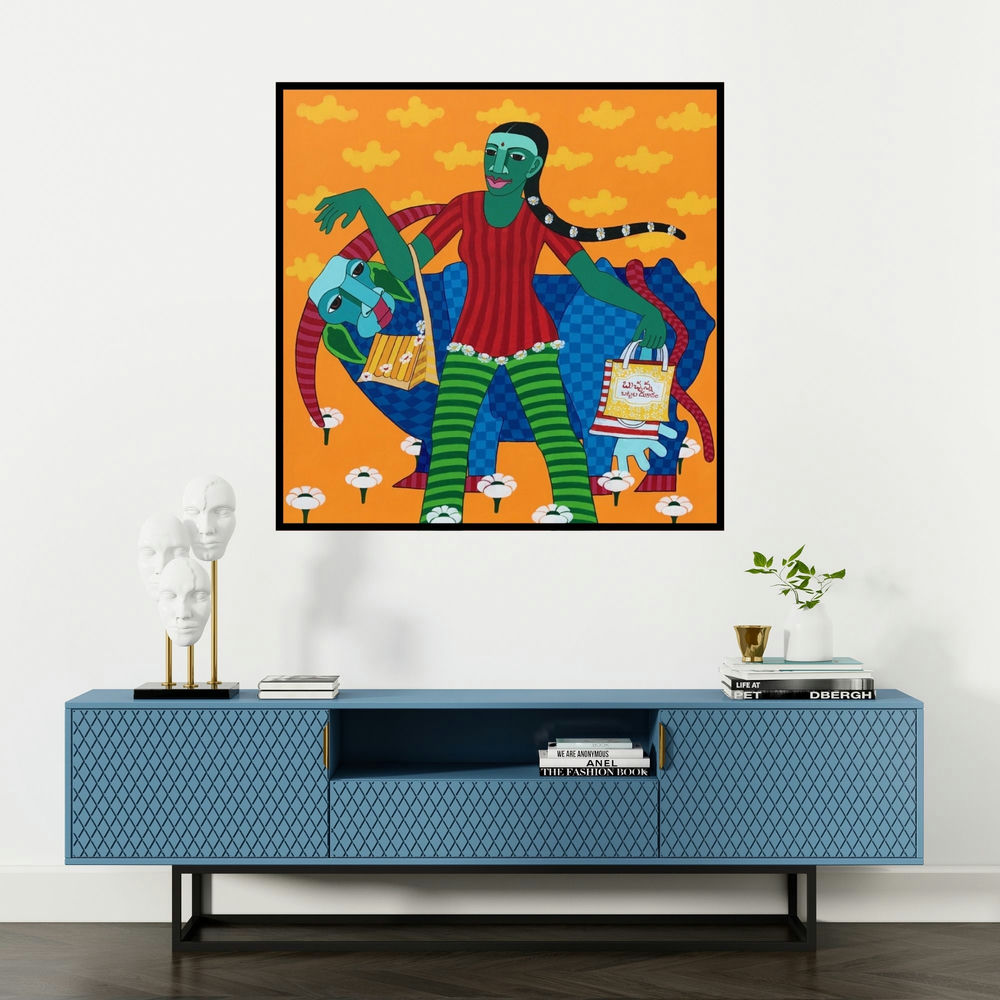 'Untitled 2 (Market Day)' painting by Thota Laxminarayana shown on a wall in a furnished room.