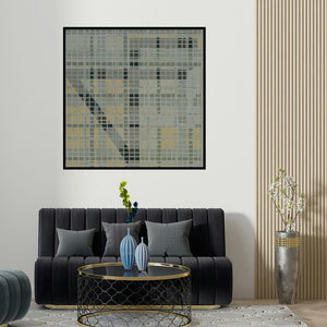 Prashant Anasane's 'Untitled 2 (Intersecting Grids)' painting visualized above a sofa in a contemporary room.