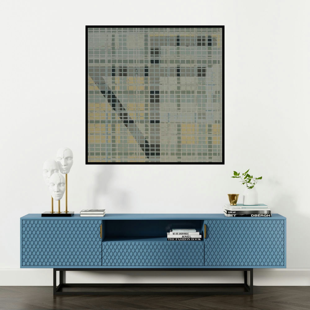 'Untitled 2 (Intersecting Grids)' painting by Prashant Anasane shown on a wall in a furnished room.