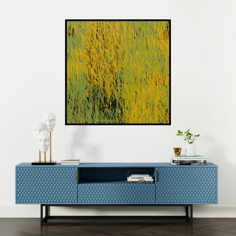 'Untitled 2 (Field of Gold)' painting by Girish Udkude shown on a wall in a furnished room.