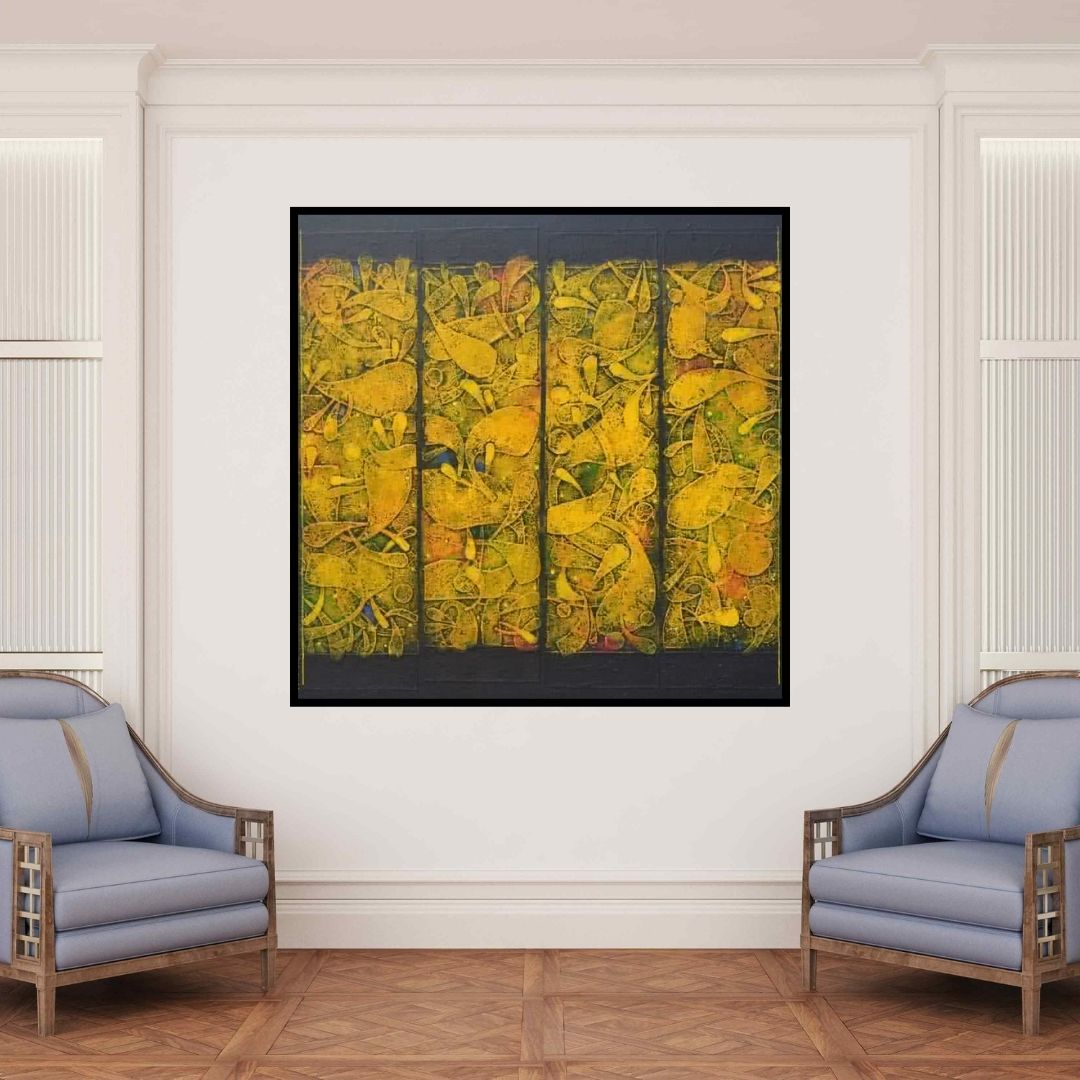 In-situ view of Basuki Dasgupta's 'Untitled 2 (The Golden Veil)' painting in a room