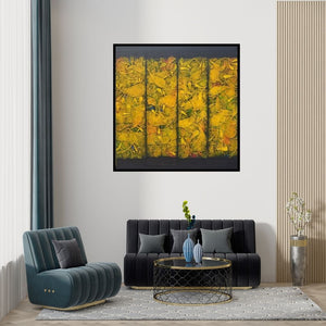 Preview of 'Untitled 2 (The Golden Veil)' Painting by Basuki Dasgupta shown on a wall in a furnished room.