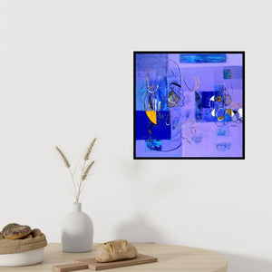 Preview of 'Untitled 2 (Blue Reverie)' Painting by Vivek Nimbolkar shown on a wall in a furnished room.