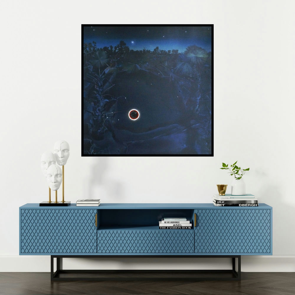'Untitled 2 (Lunar Eclipse)' painting by Bhagyanath C shown on a wall in a furnished room.