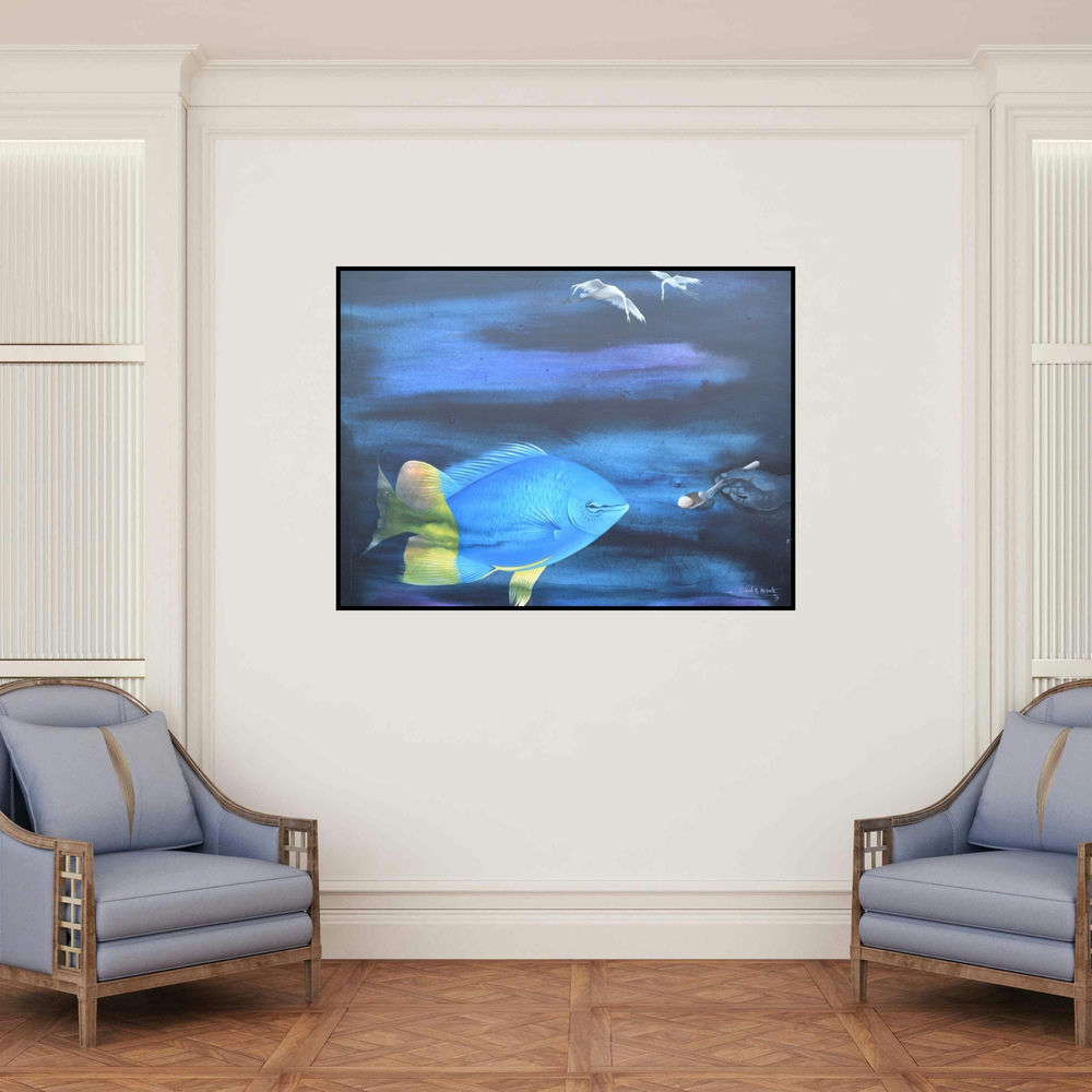 'Untitled 20 (A Fishy Surprise)' painting by Bikash Mohanta shown on a wall in a furnished room.