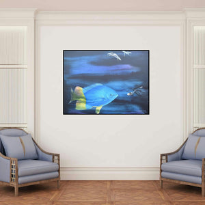 'Untitled 20 (A Fishy Surprise)' painting by Bikash Mohanta shown on a wall in a furnished room.