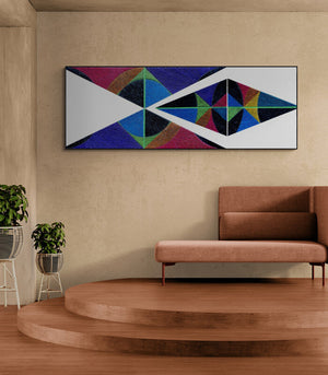 Preview of 'Untitled 205 (Intersecting Realities)' Painting by Sandesh Khule shown on a wall in a furnished room.