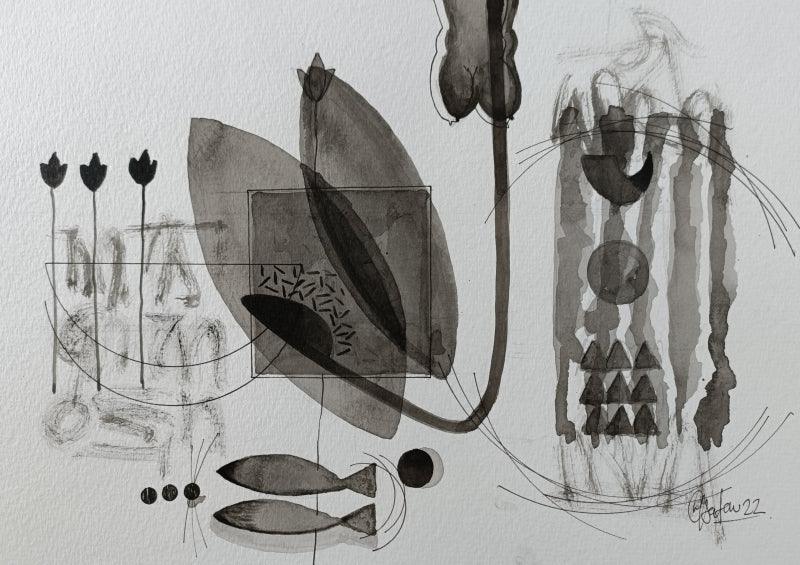 Abstract acrylic painting titled 'Untitled 207', 8x11 inches, by artist Narendra Jatav on Paper