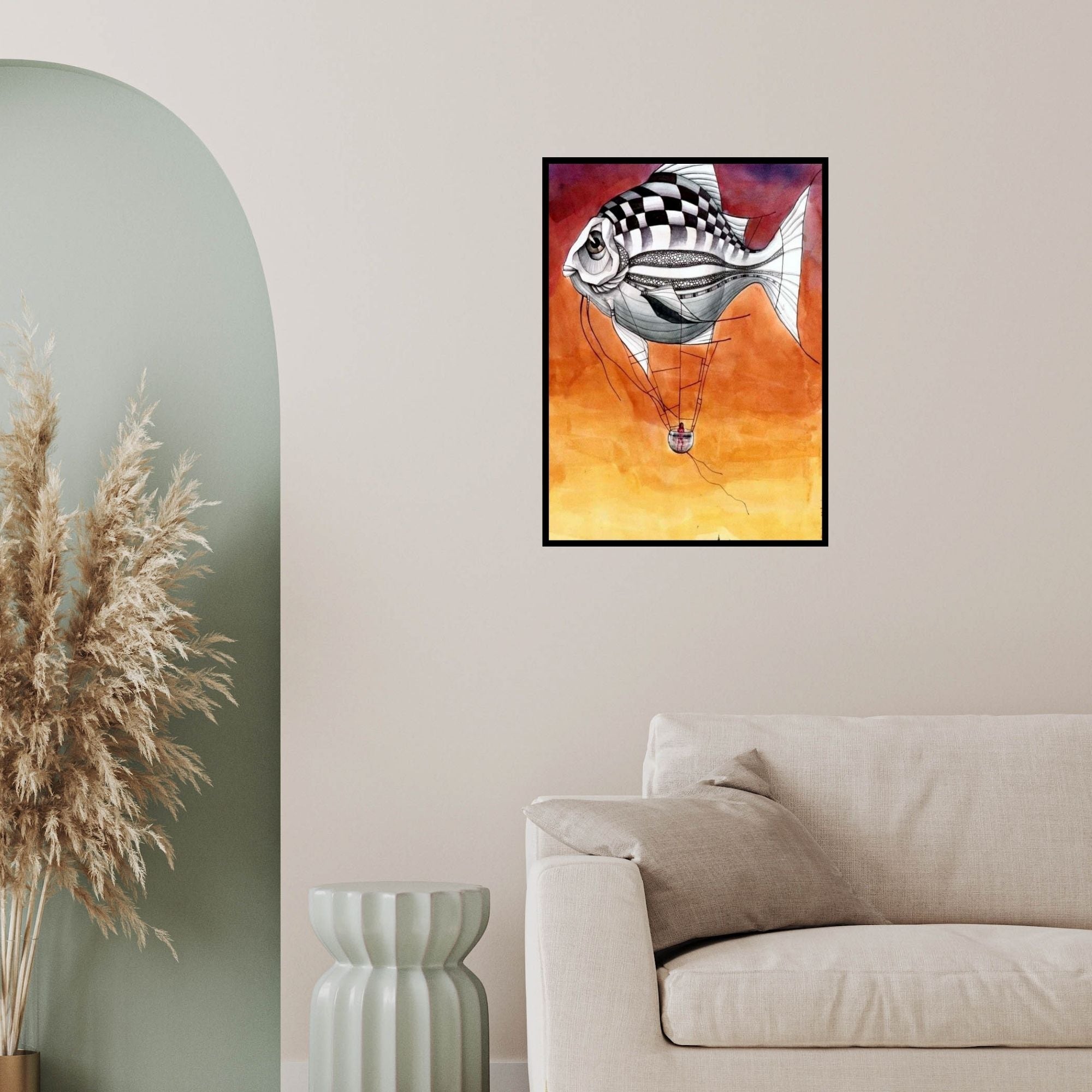 In-situ view of Bikash Mohanta's 'Untitled 21 (Fish Out of Water)' painting in a room